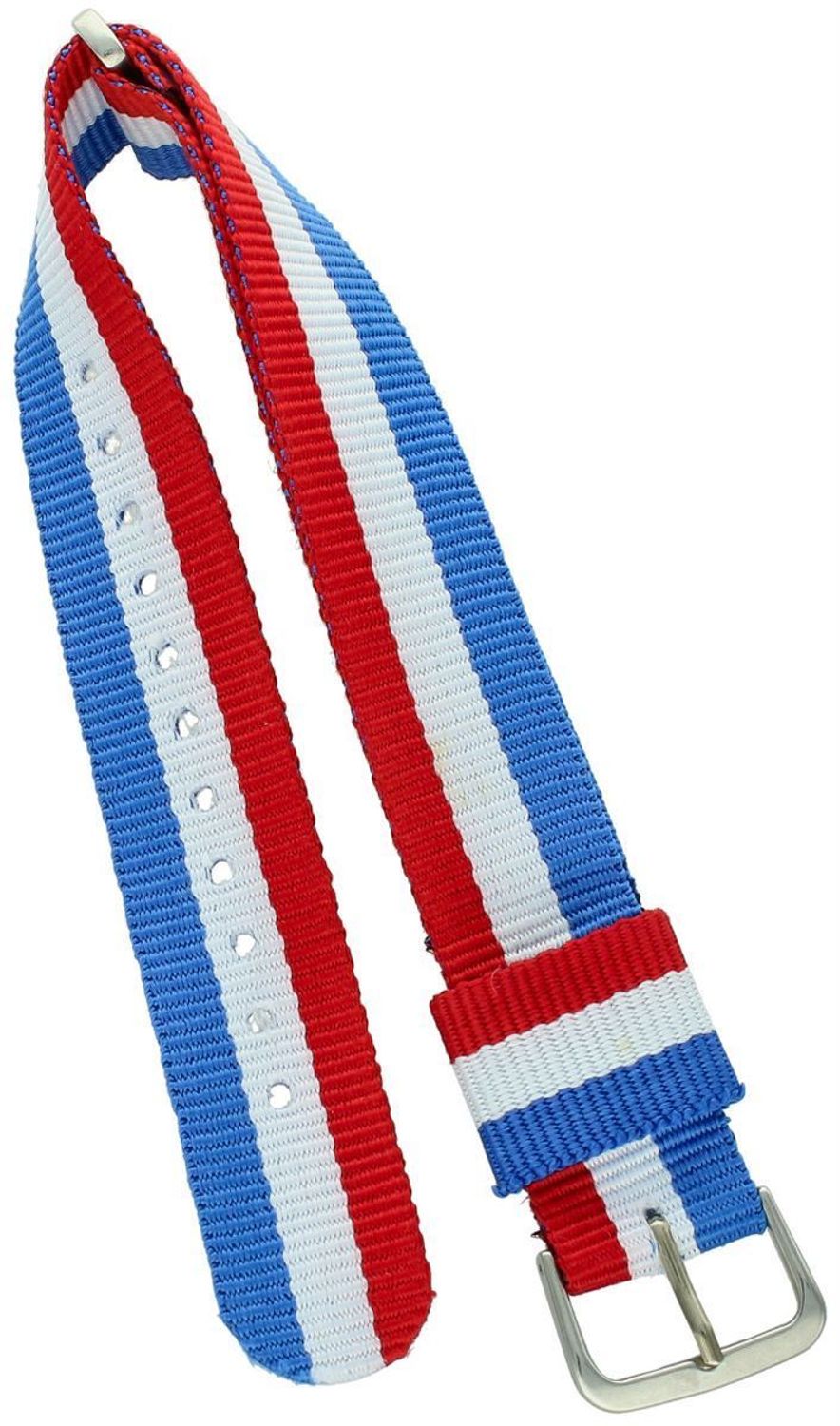 Trwały i stylowy pasek do zegarka NATO 002 w trzech kolorach czerwonym, białym i niebieskim. Parciany materiał, długość 25,5 cm, szerokość 20 mm,18 mm stalowa sprzączka w srebrnym kolorze.1.jpg